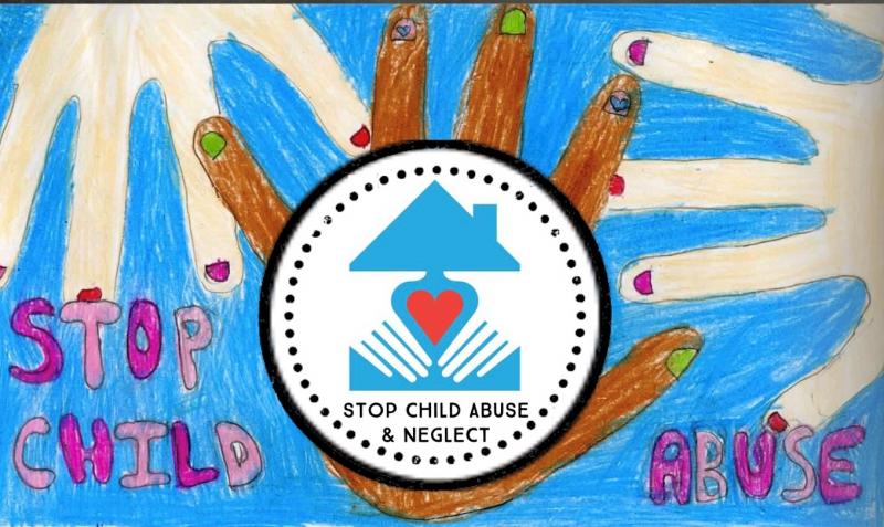 The logo of Stop Child Abuse and Neglect - SCAN - above a crayon art of two white hands with red nail polish, a Black hand with green nail polish, and block letters that say "stop child abuse."