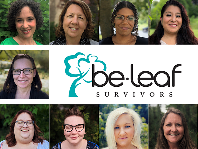 Photo portraits of BeLeaf Survivors' nine staff members around the BeLeaf logo.
