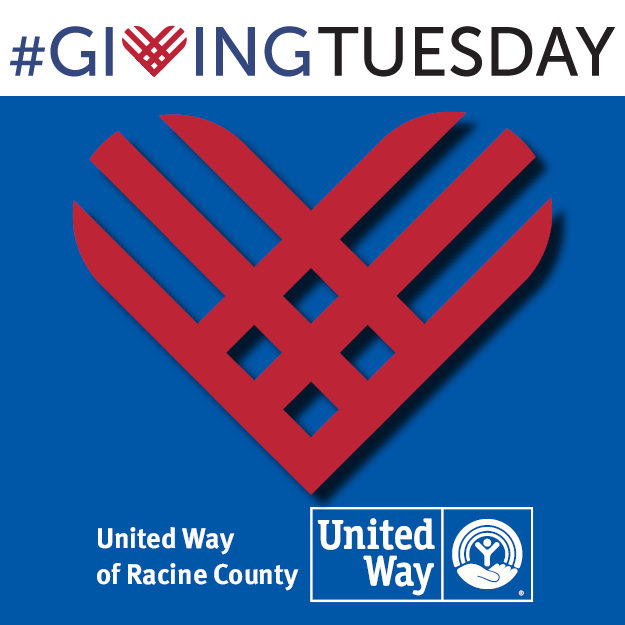 The Giving Tuesday logo, a woven heart, displayed on a blue background above the United Way of Racine County logo.