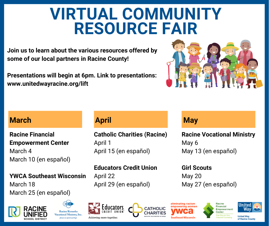 A graphic illustrating the dates and times for the various presentations and workshops for the Virtual Community Resource Fair