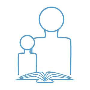 An icon of a large and small person sitting together behind a book.