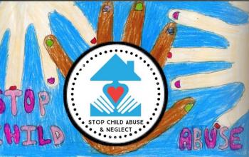 The logo of Stop Child Abuse and Neglect - SCAN - above a crayon art of two white hands with red nail polish, a Black hand with green nail polish, and block letters that say "stop child abuse."