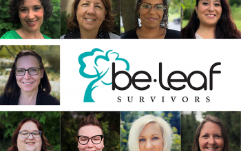 Photo portraits of BeLeaf Survivors' nine staff members around the BeLeaf logo.