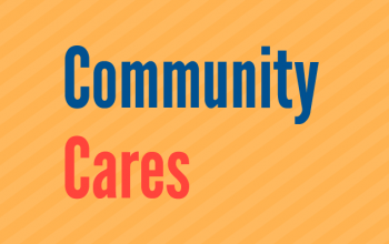 Community Cares banner, text in blue and red on a yellow-striped background.